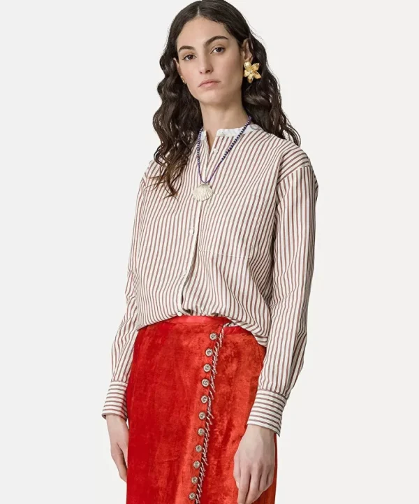 forte_forte oxford stripe contrasting collar grandfather shirt saffron