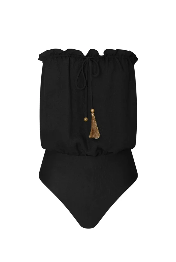 HANNE BLOCH BLACK SQUARE SILK BANDEAU SWIMSUIT
